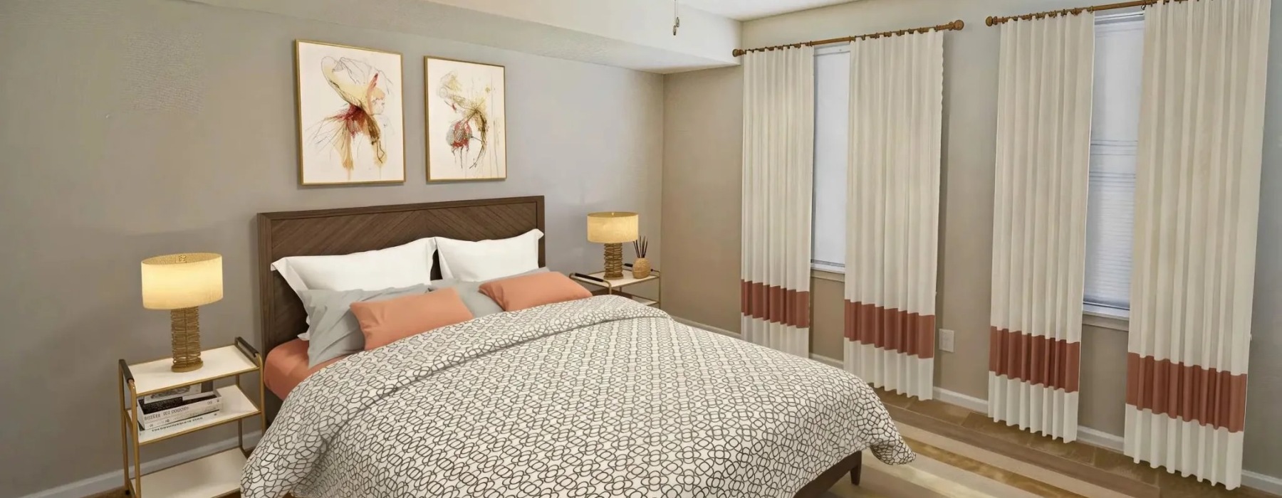 a bedroom with a bed and two nightstands